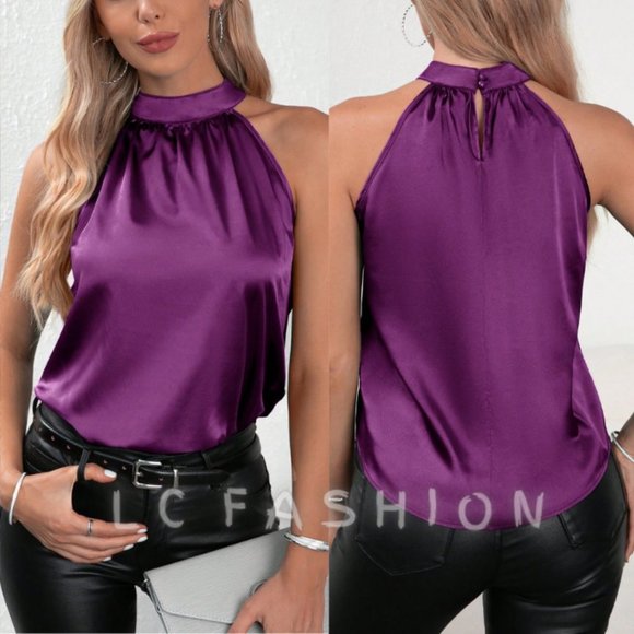 Satin High Neck Tank Top - Ochre
